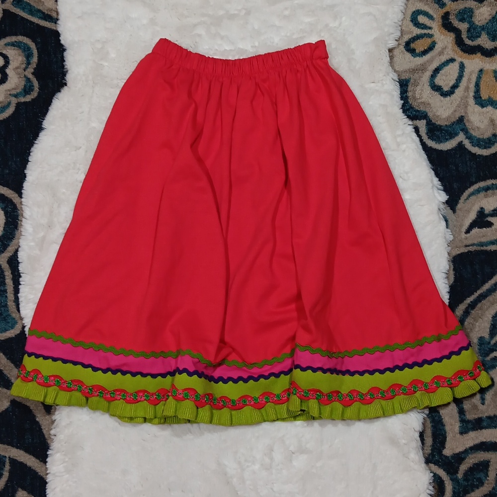Oilily red cotton skirt with green sweater knit trim